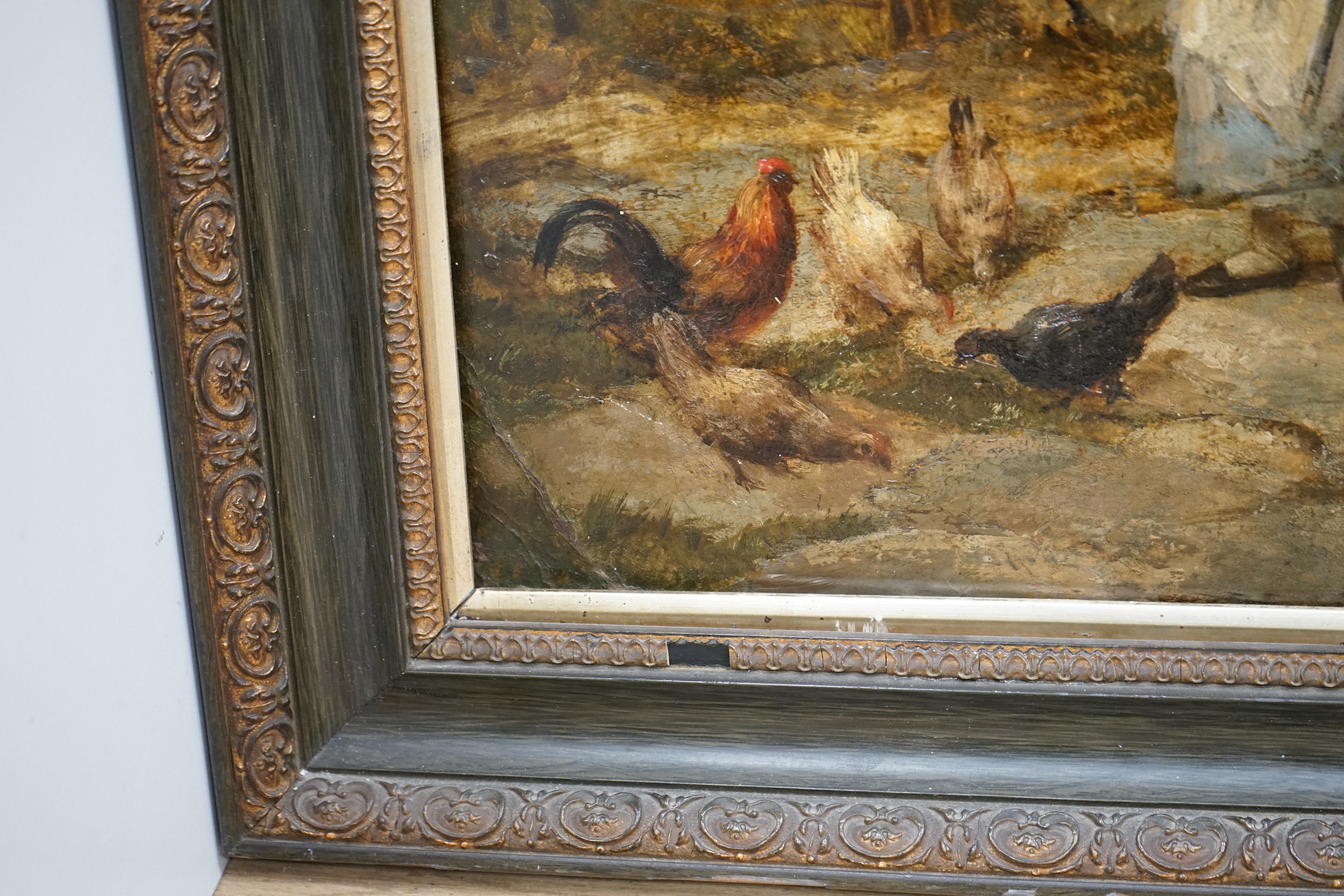 Edward John Cobbett (1815-1899), oil on card, 'Feeding chickens', signed, 41 x 56cm